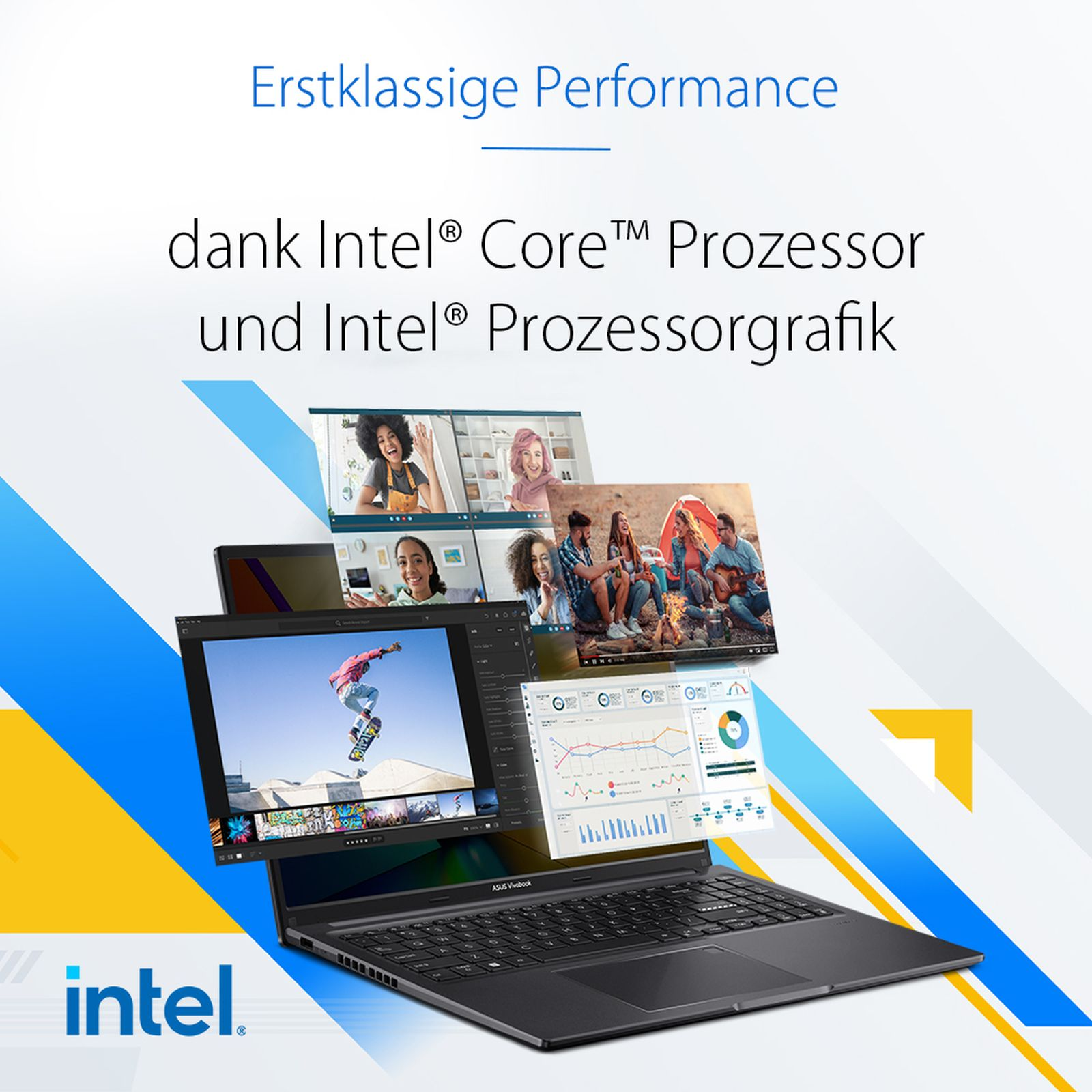 Laptop z procesorem Intel wyświetla wiele ekranów z filmami i danymi. Tło ma niebieskie i białe paski.