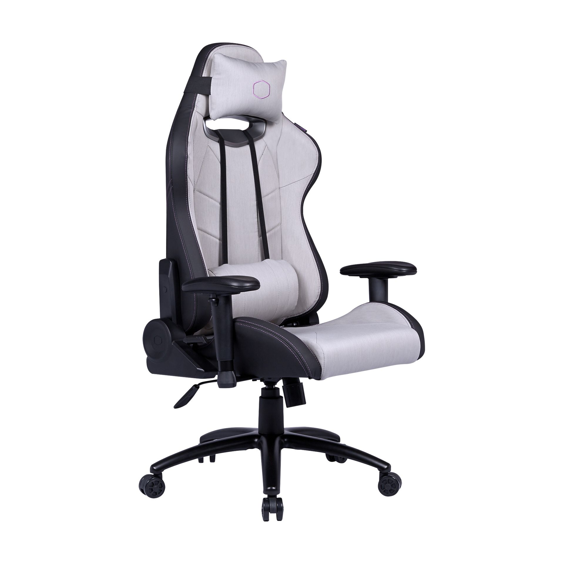 Sedia da gaming, nera e grigia, con poggiatesta e supporto lombare, su sfondo bianco.