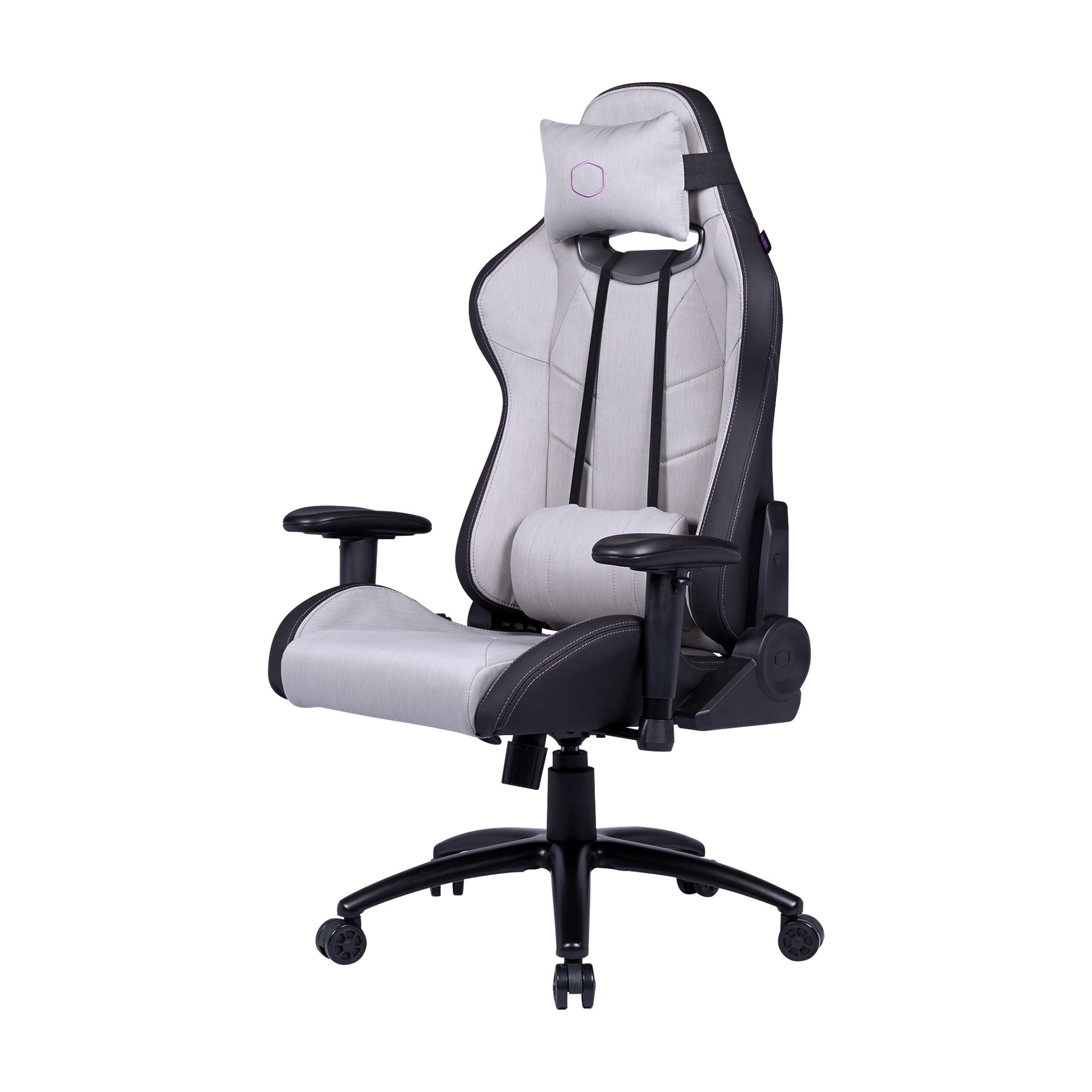 Sedia da gaming con tessuto grigio chiaro, dettagli neri, braccioli e poggiatesta, isolata su sfondo bianco.
