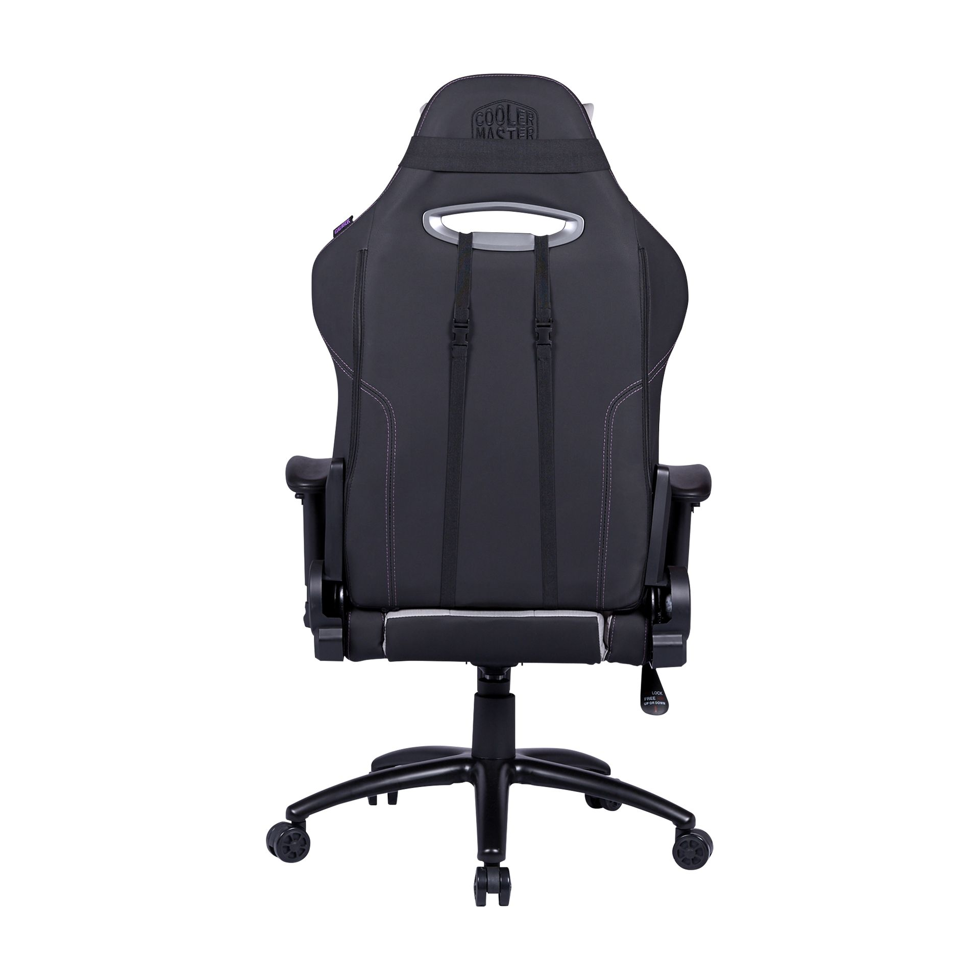 Una sedia da gaming nera è mostrata da dietro. Ha un poggiatesta con logo Cooler Master e ruote.