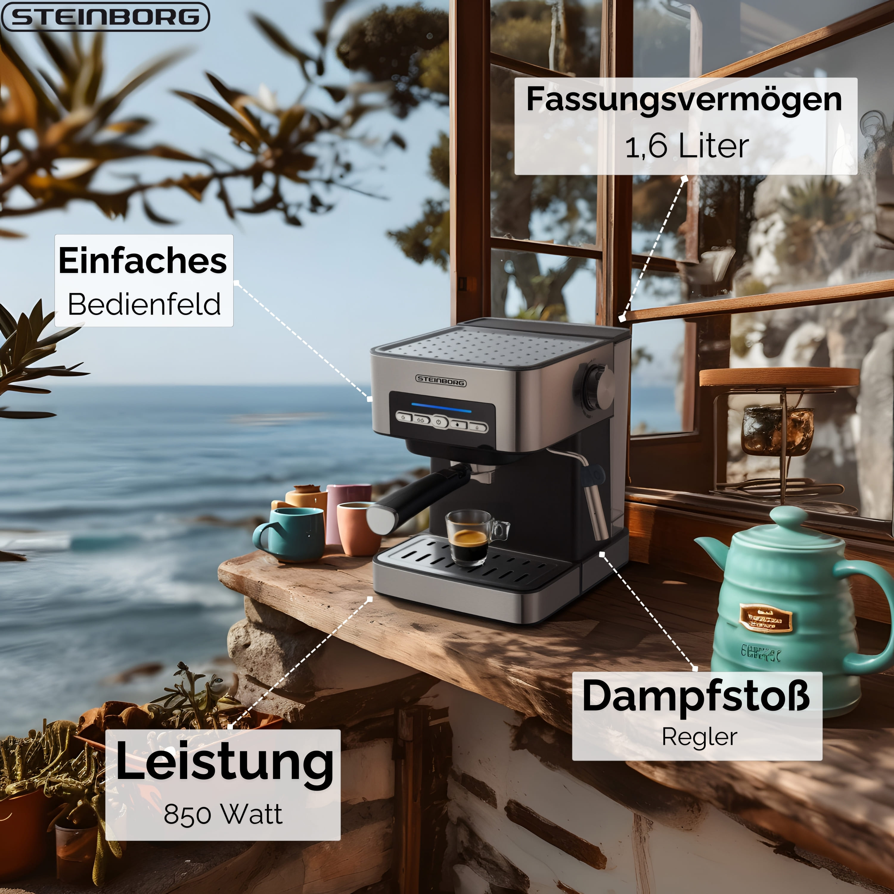 Eine Espressomaschine auf einer Holzoberfläche mit Blick auf das Meer im Hintergrund. Es hat mehrere Merkmale, die auf Deutsch beschriftet sind.