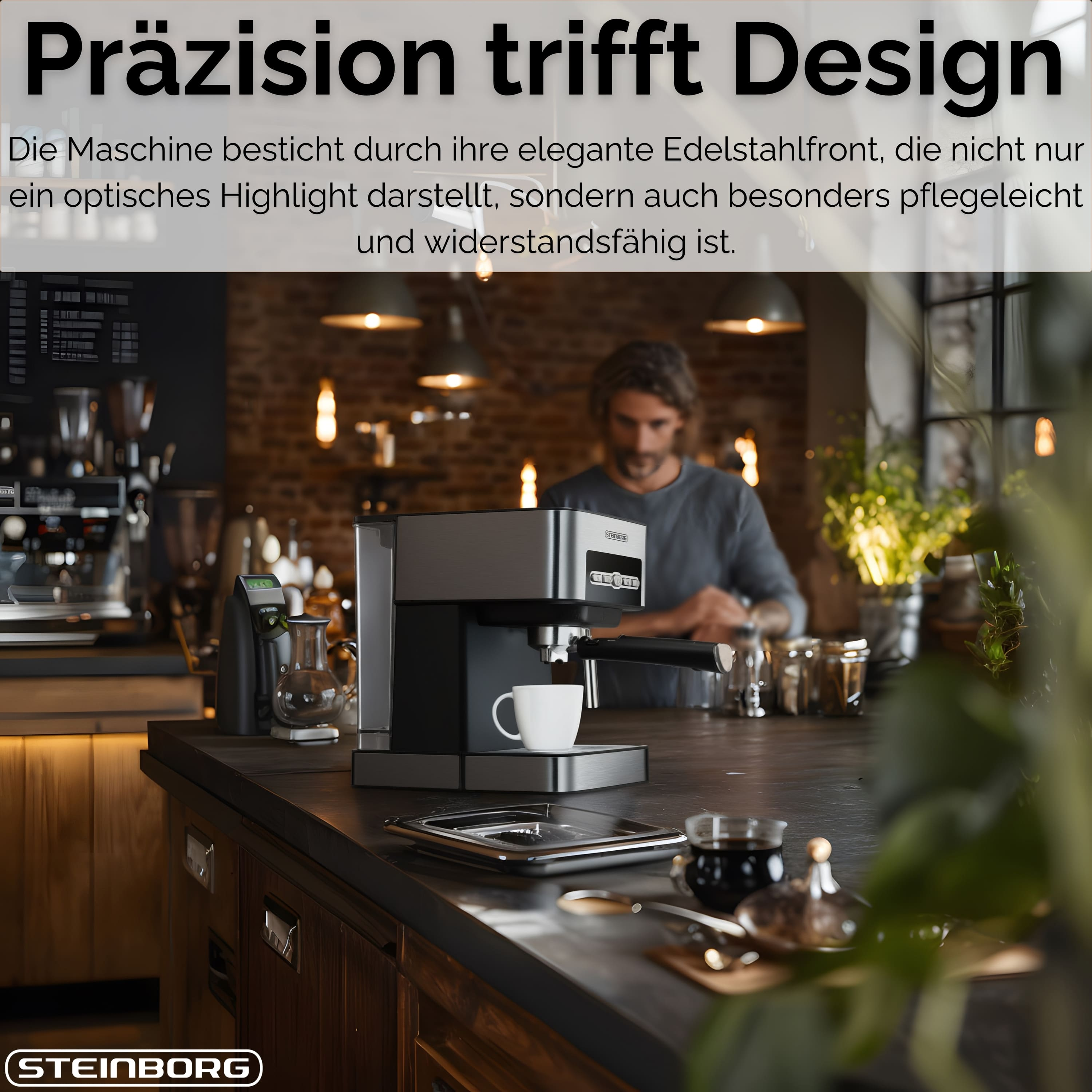 Espressomaschine mit weißer Tasse. Mann im Hintergrund. Die Maschine steht auf einer Holztheke. Ziegelmauer.