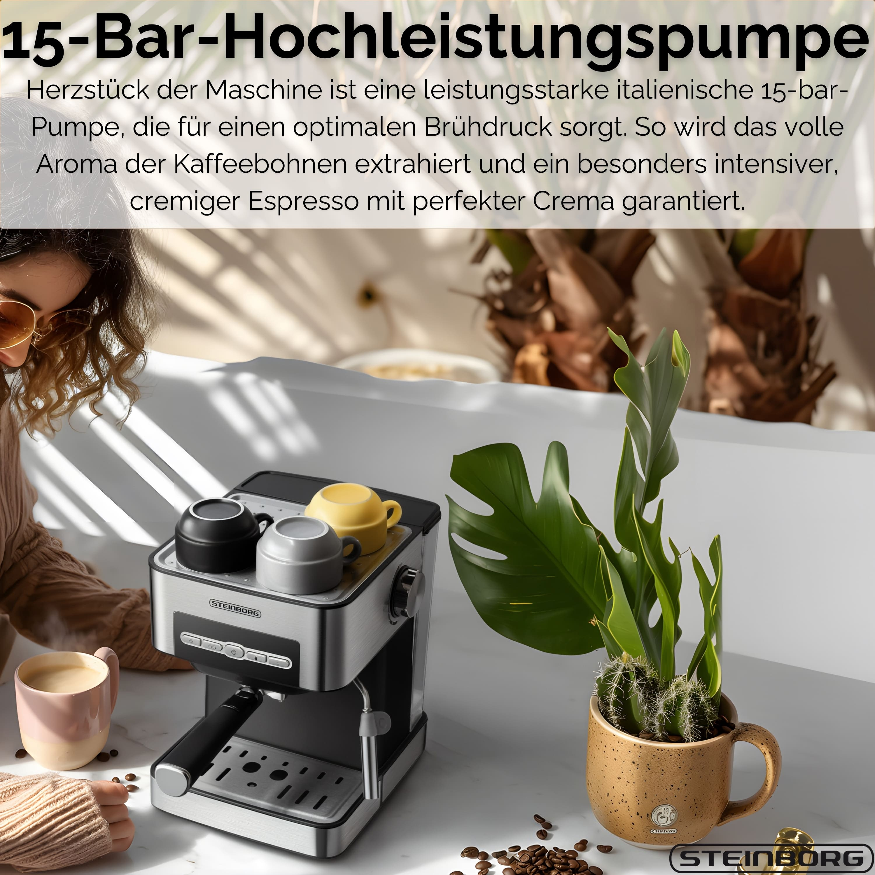 Eine Kaffeemaschine mit Tassen, eine Pflanze im Becher und eine Hand, die eine Tasse hält.