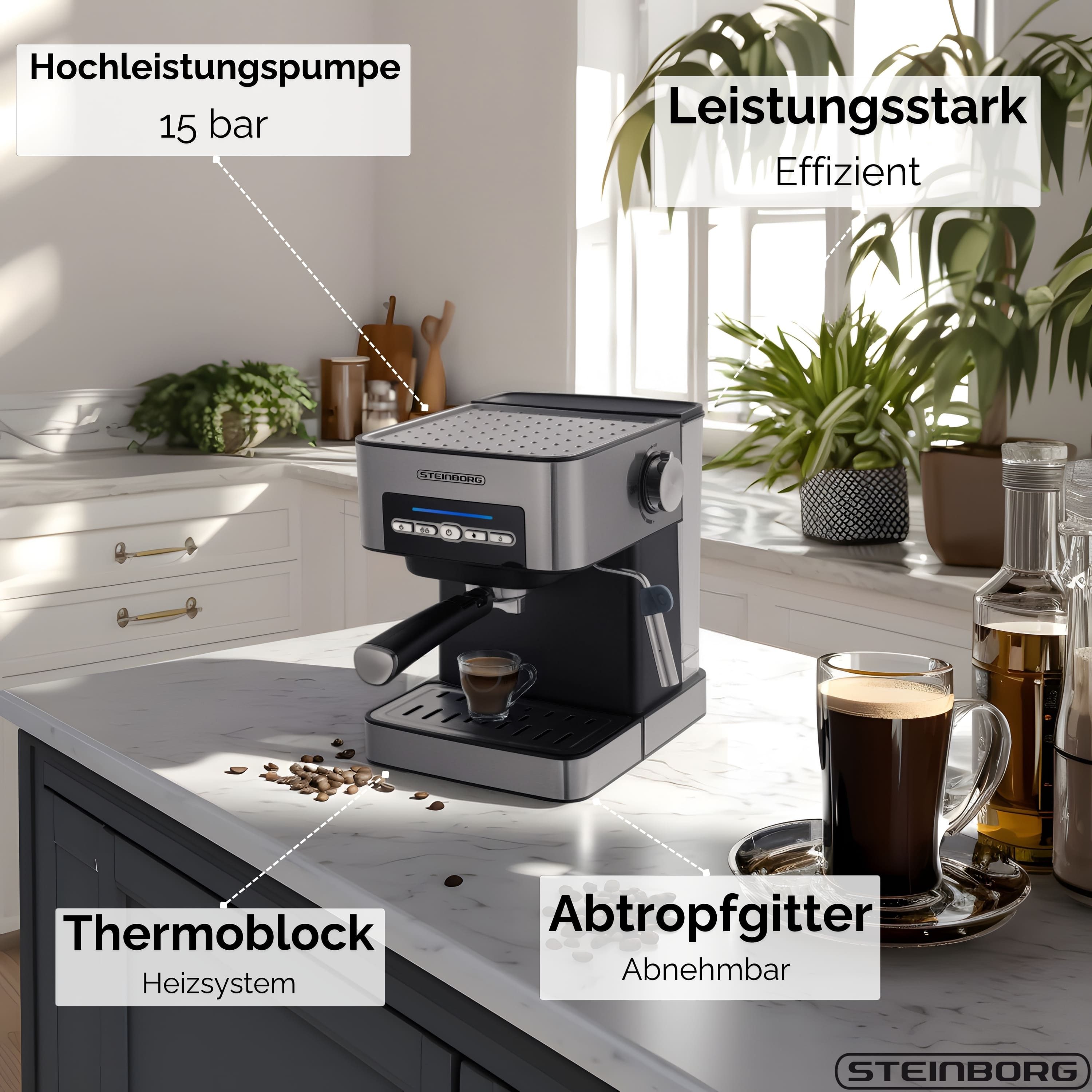 Eine Espressomaschine mit einer Tasse Kaffee auf einer Küchenarbeitsplatte, Kaffeebohnen und eine Pflanze.