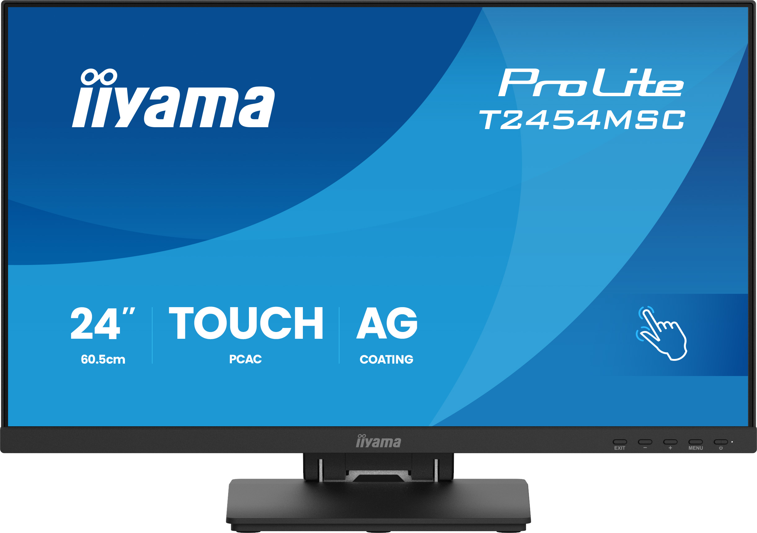 Monitor Iiyama ProLite T2454MSC. Czarna ramka, niebieskie tło z tekstem. Ekran dotykowy 24". Ikona dotyku.
