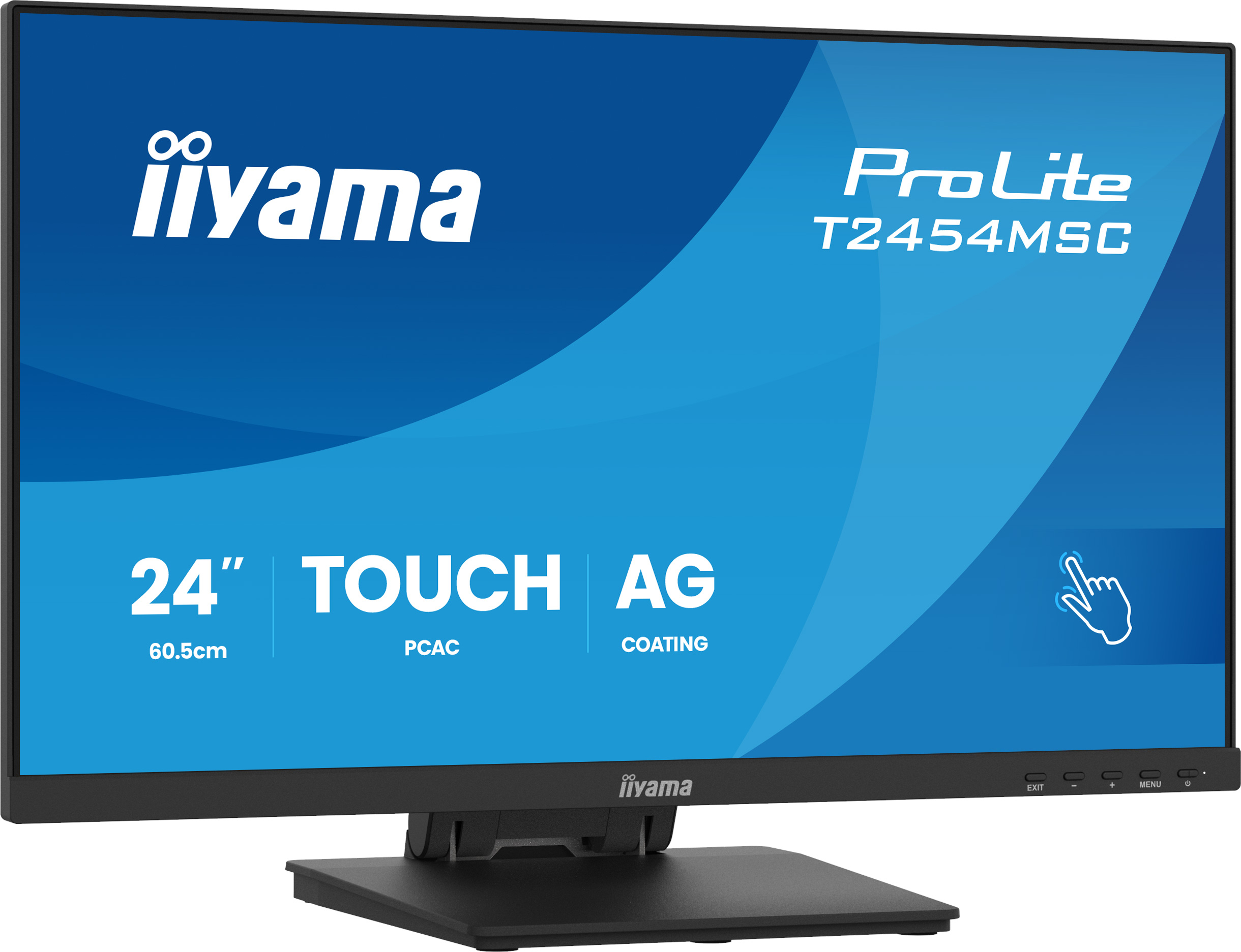 Czarny monitor iiyama z niebieskim ekranem. Na ekranie widnieje napis 'ProLite T2454MSC', '24" TOUCH AG' oraz 'PCAC COATING'.