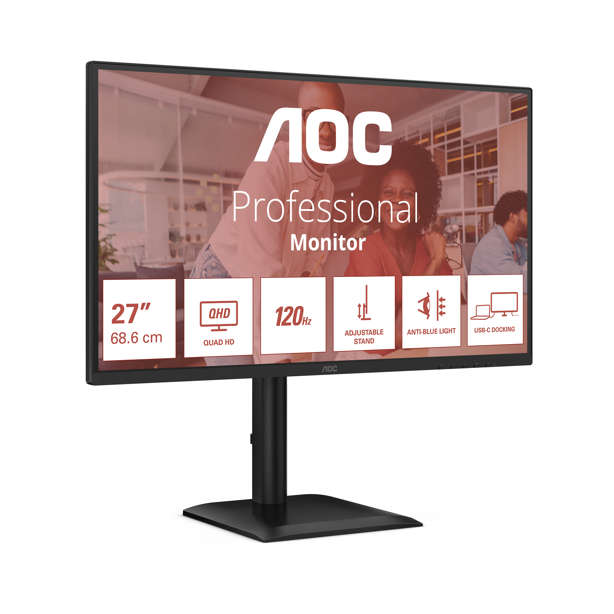 An AOC professional monitor. Features include a 27-inch screen, QHD, 120Hz, adjustable stand, anti-blue light, and USB-C docking.