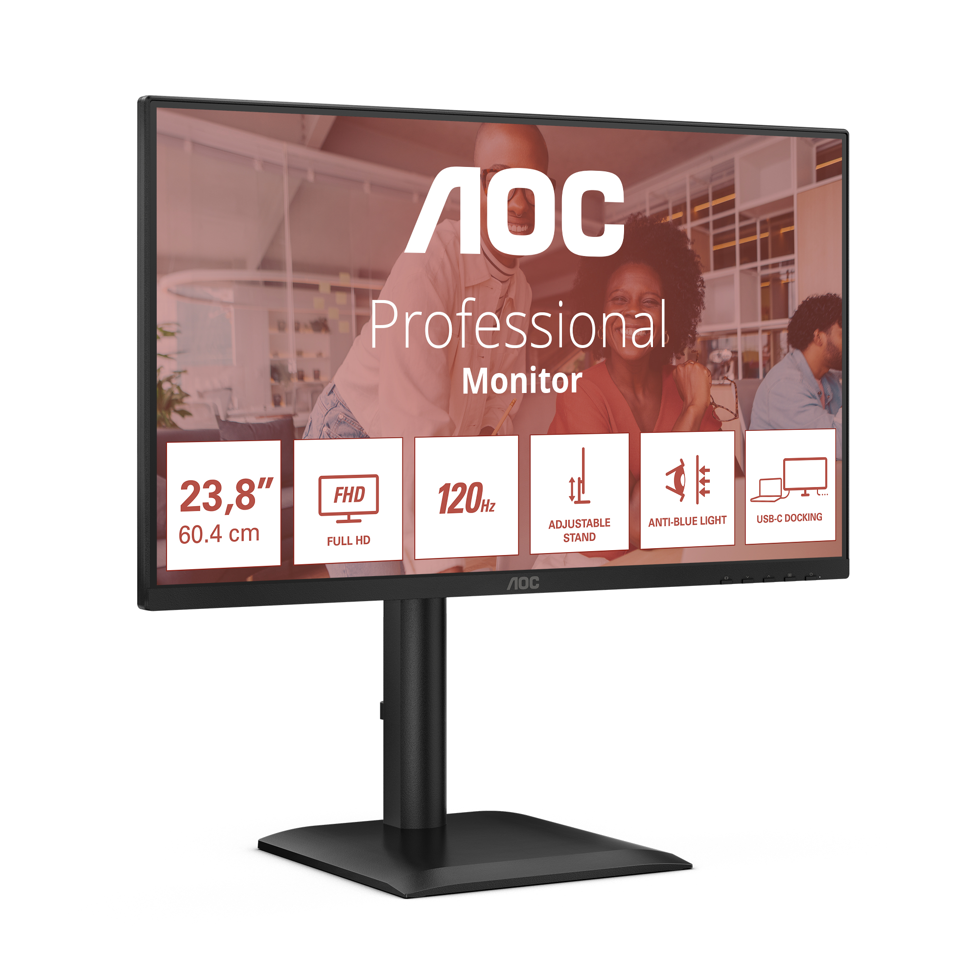 AOC monitor met zwarte standaard. Het heeft pictogrammen met functies zoals 120Hz, USB-C en anti-blauw licht.