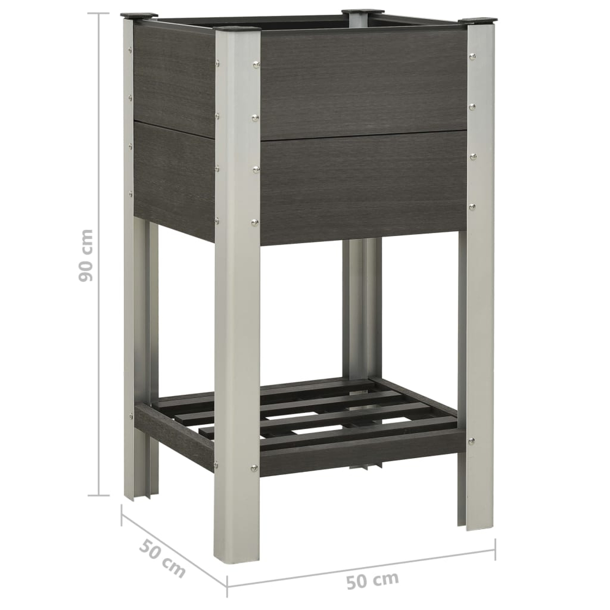 Ein erhöhtes Gartenbeet mit dunkelgrauen Holzseiten und silbernem Metallrahmen. Die Maße sind 50x50x90cm. Es hat einen Lattenrost.