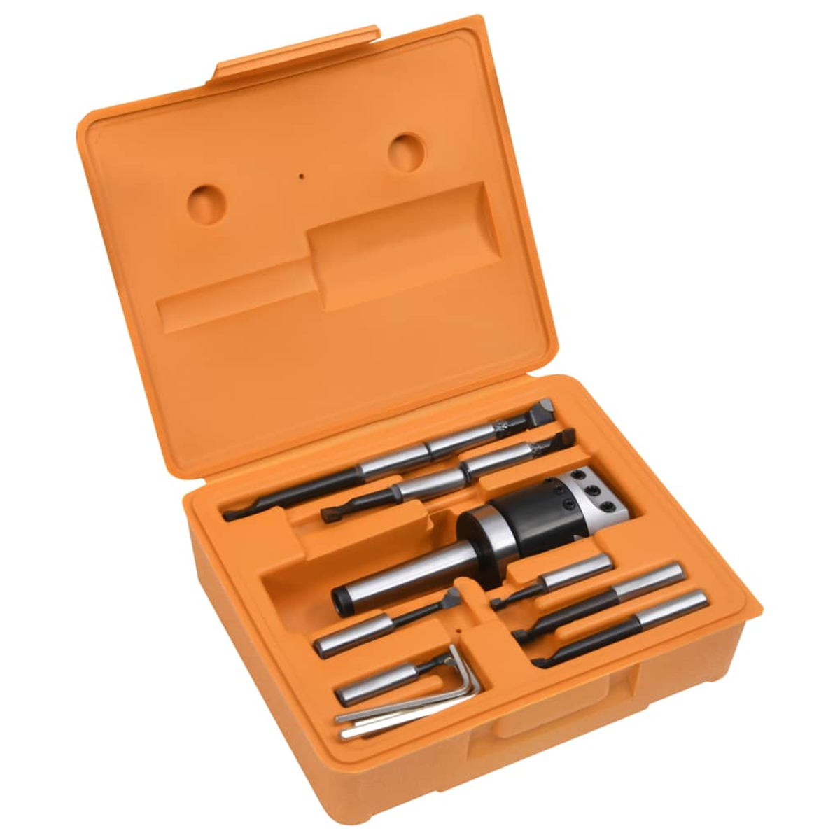 Offener orangefarbener Werkzeugkoffer mit verschiedenen Metallwerkzeugen wie Bohrern, Bits und einem Inbusschlüssel. Werkzeuge sind ordentlich angeordnet.
