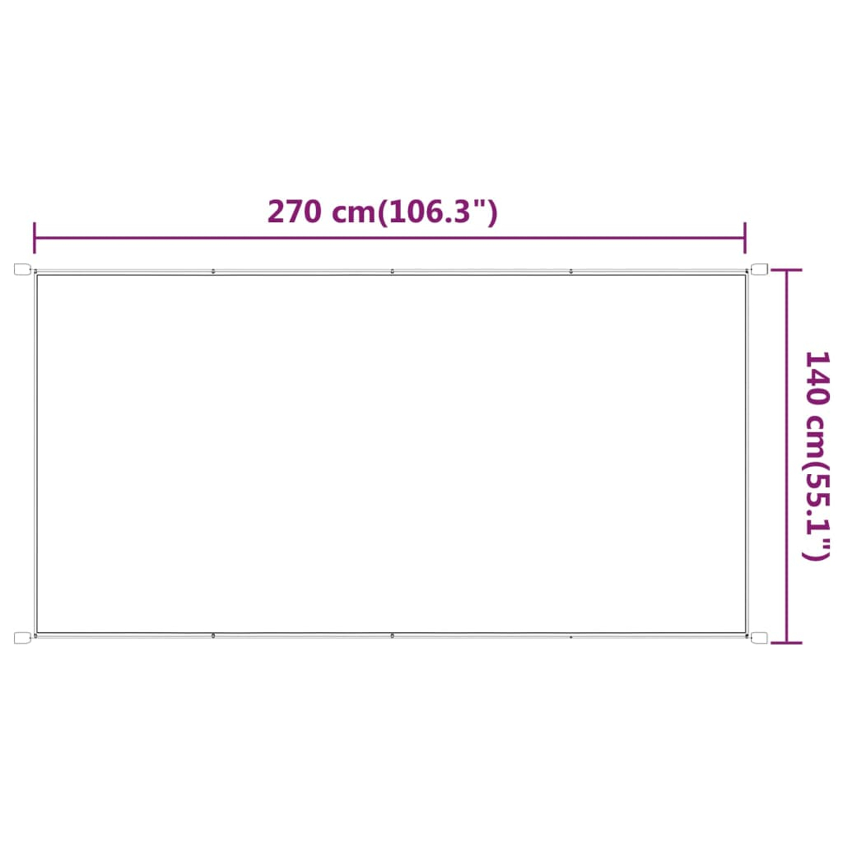 Diagramm eines Rechtecks mit den Maßen: 270 cm (106,3") breit und 140 cm (55,1") hoch.