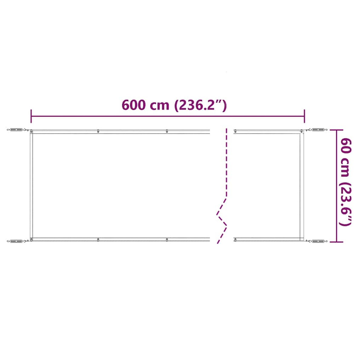 Diagramm einer rechteckigen Struktur mit den Maßen 600 cm x 60 cm. Gestrichelte Linie zeigt einen Schnitt an.