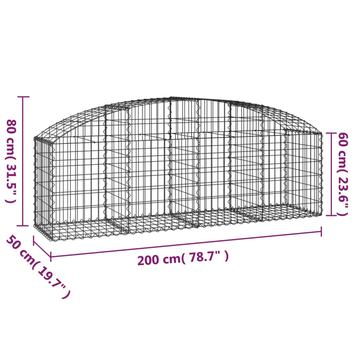Ein Drahtgeflecht, mit den Maßen: 200 cm lang, 80 cm hoch und 50 cm breit. Es hat eine halbkreisförmige Oberseite.