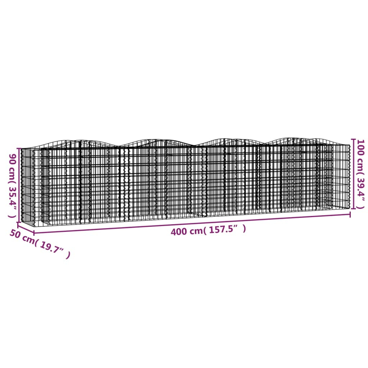 Die Abbildung zeigt einen Metallzaun mit den Maßen: 400 cm lang, 100 cm hoch, 90 cm breit und 50 cm tief.