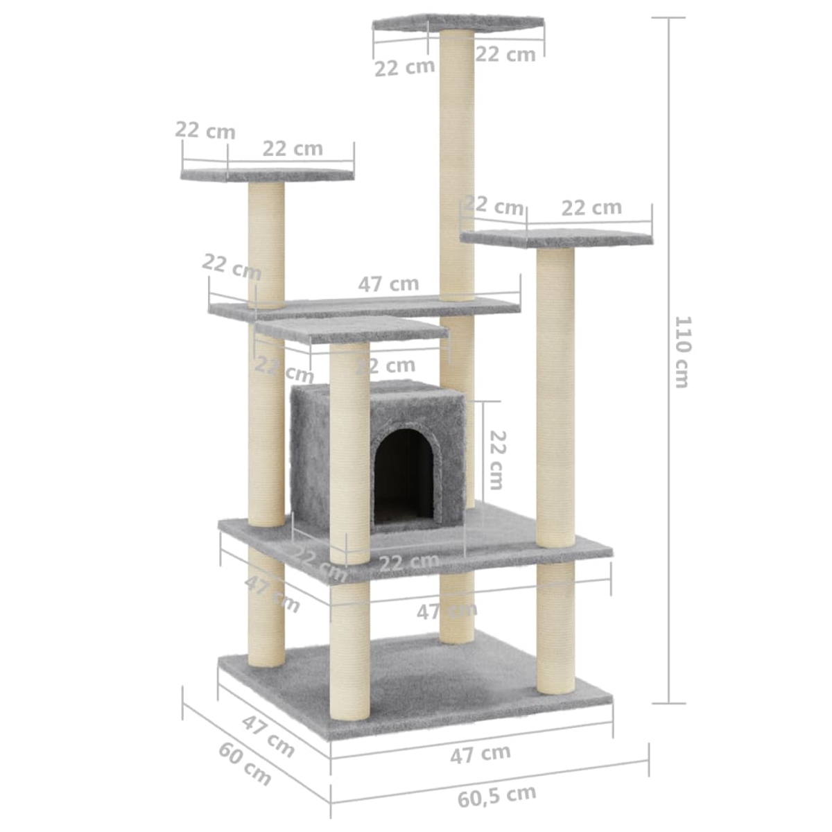 Ein Katzenbaum mit grauen Plattformen und einem Haus, getragen von beigen Pfosten. Maße sind in Zentimetern angegeben.