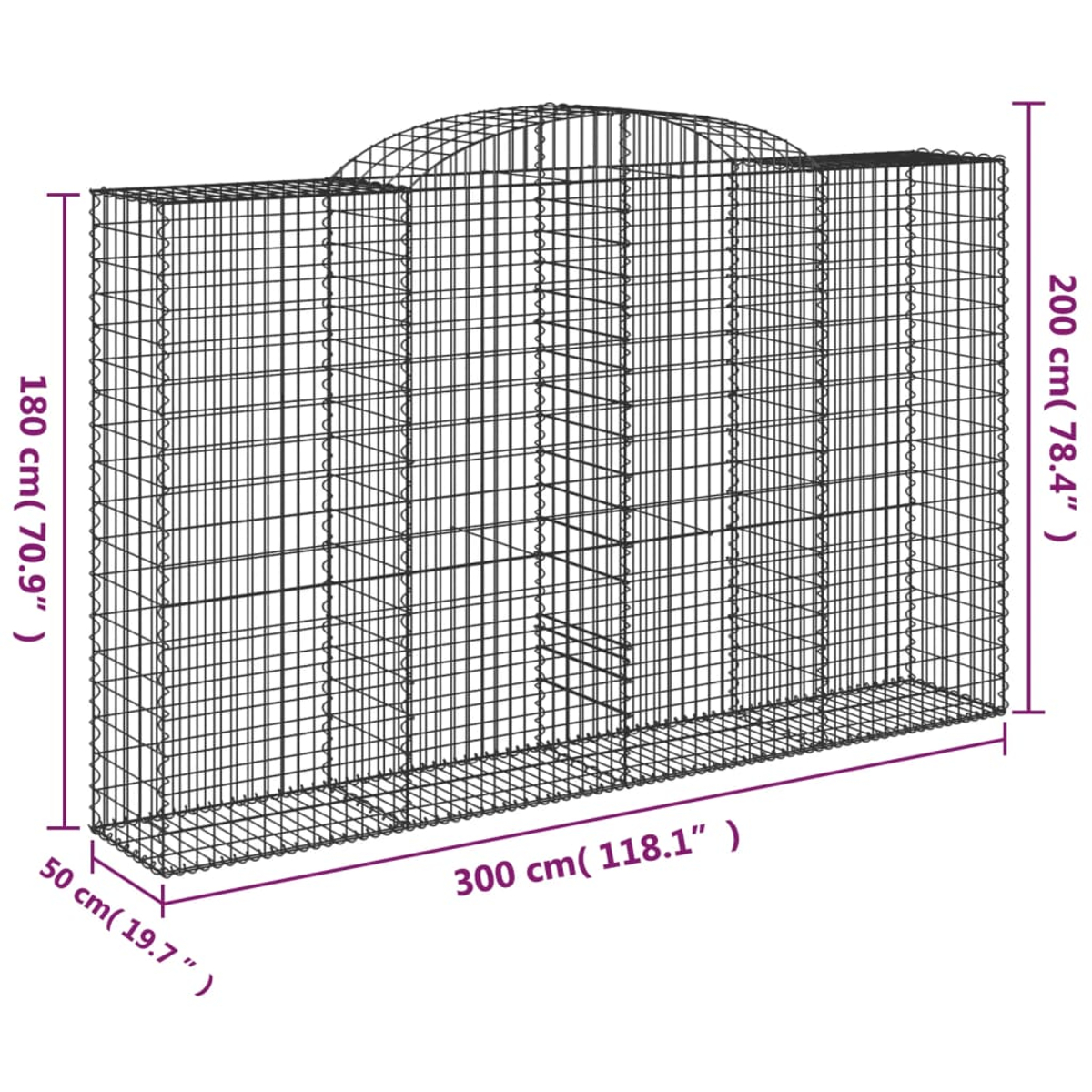 Schwarze Metall-Gabionenwand mit den Maßen: 300x200x50 cm. Gebogene Oberseite, Drahtgitterstruktur. Maße in cm und Zoll.