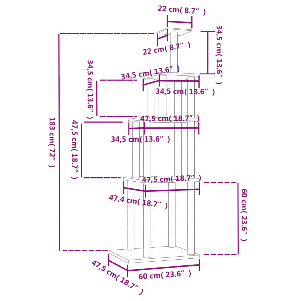 Diagramm eines Kratzbaums mit Maßen in cm und Zoll. Es hat mehrere Plattformen und eine Basis.