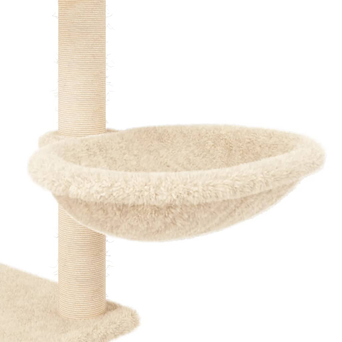 Ein beigefarbener Kratzbaum mit einem plüschigen, kreisförmigen Bett und einem Kratzpfosten aus Seil.