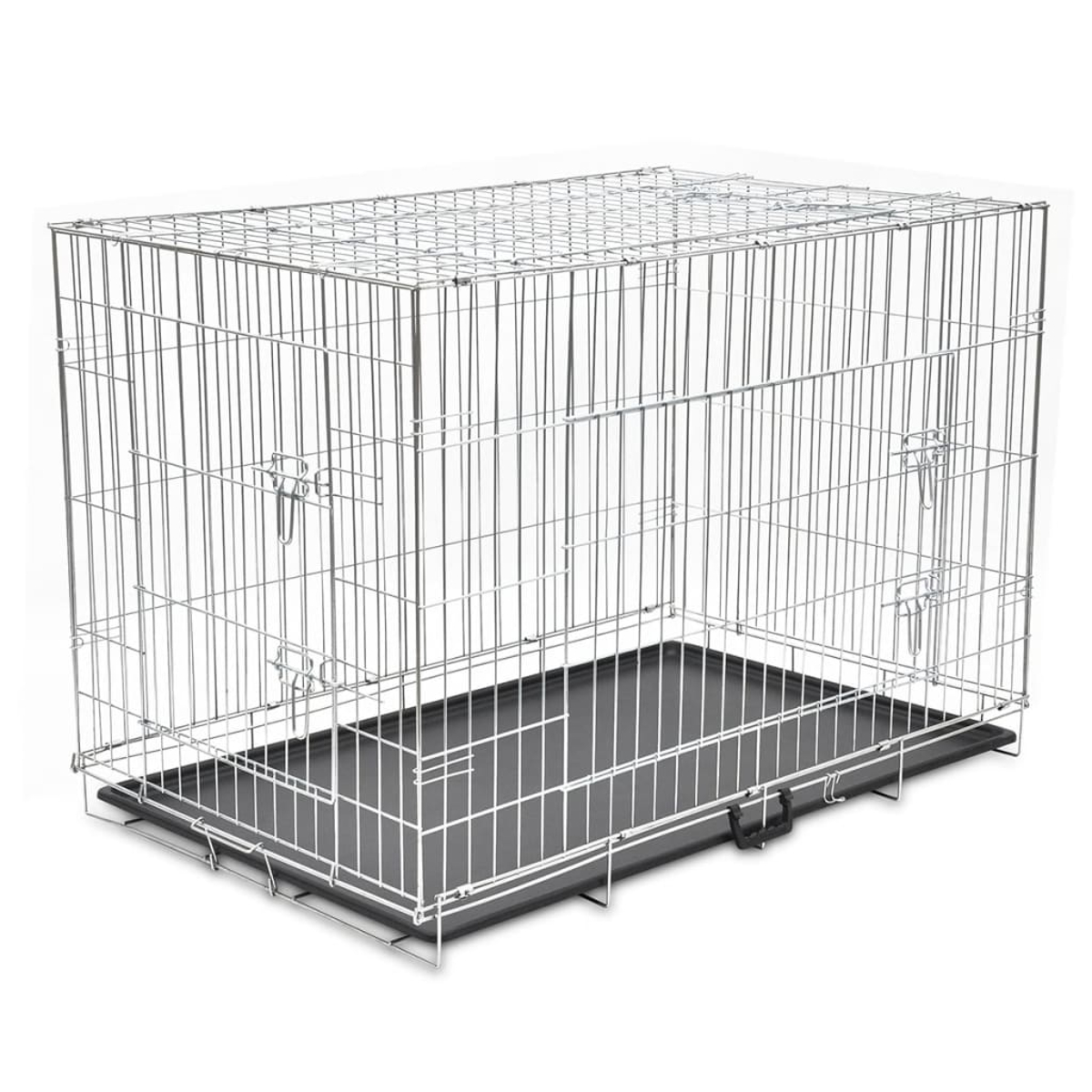 Eine Hundebox aus Metall mit einer schwarzen Kunststoffschale. Die Box ist rechteckig mit Drahtrahmen und Tür.