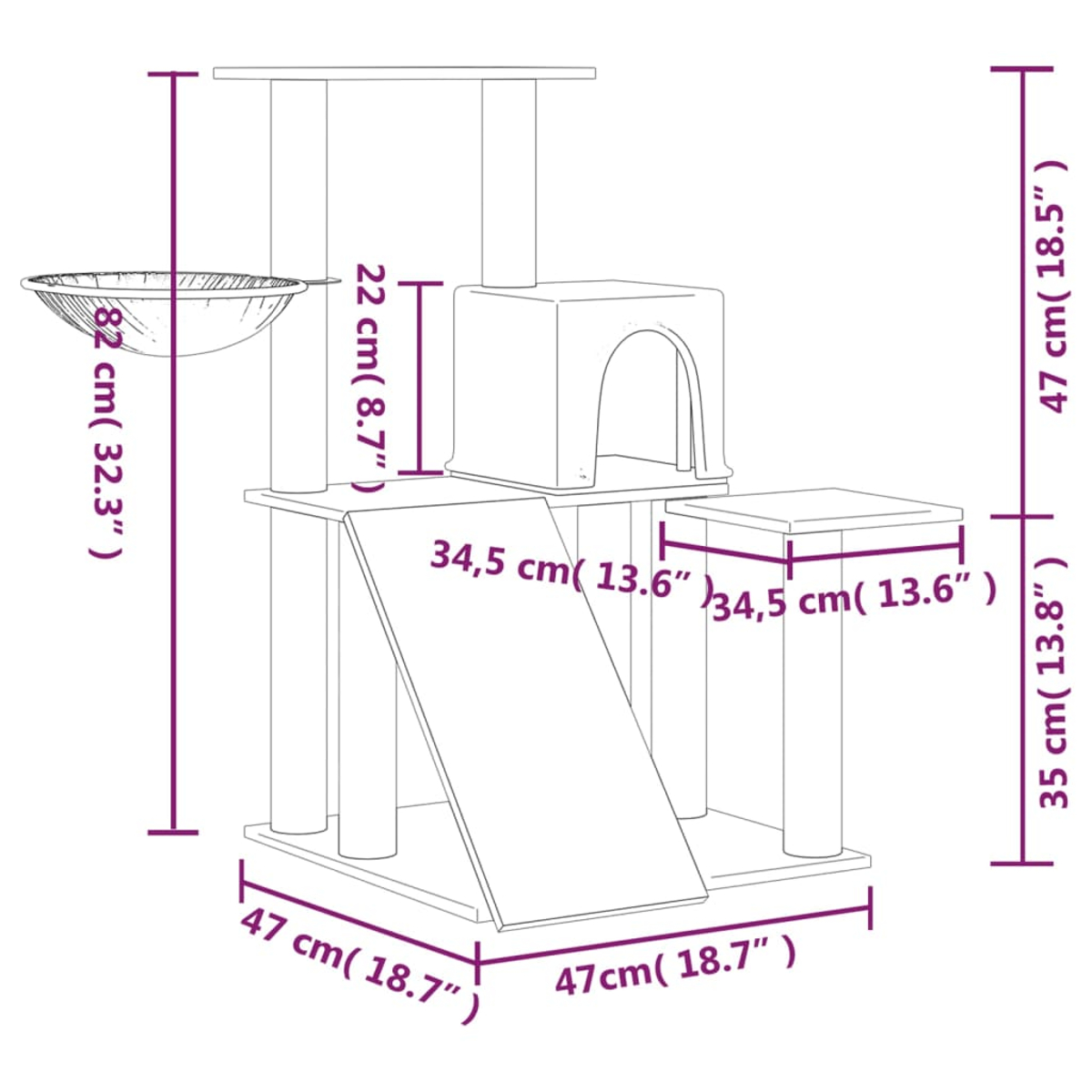 Diagramm eines Katzenbaums mit Abmessungen. Merkmale sind mehrere Plattformen, eine Rampe, eine Höhle und ein Hängekorb.
