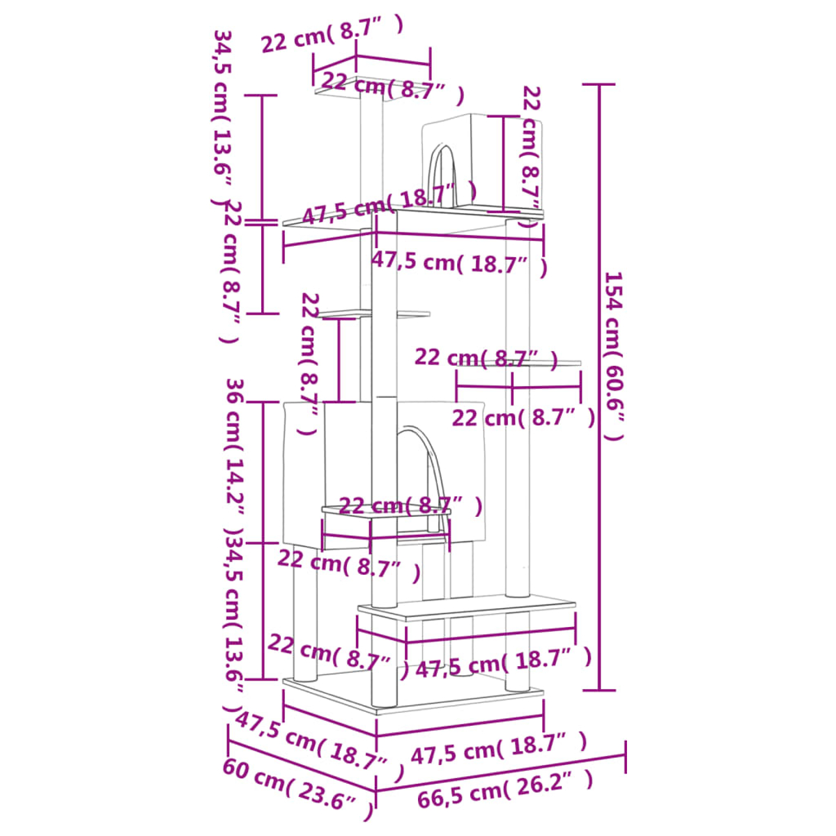 Diagramm eines Kratzbaums mit Maßen in cm und Zoll, das Plattformen, Pfosten und ein Katzenhaus zeigt.