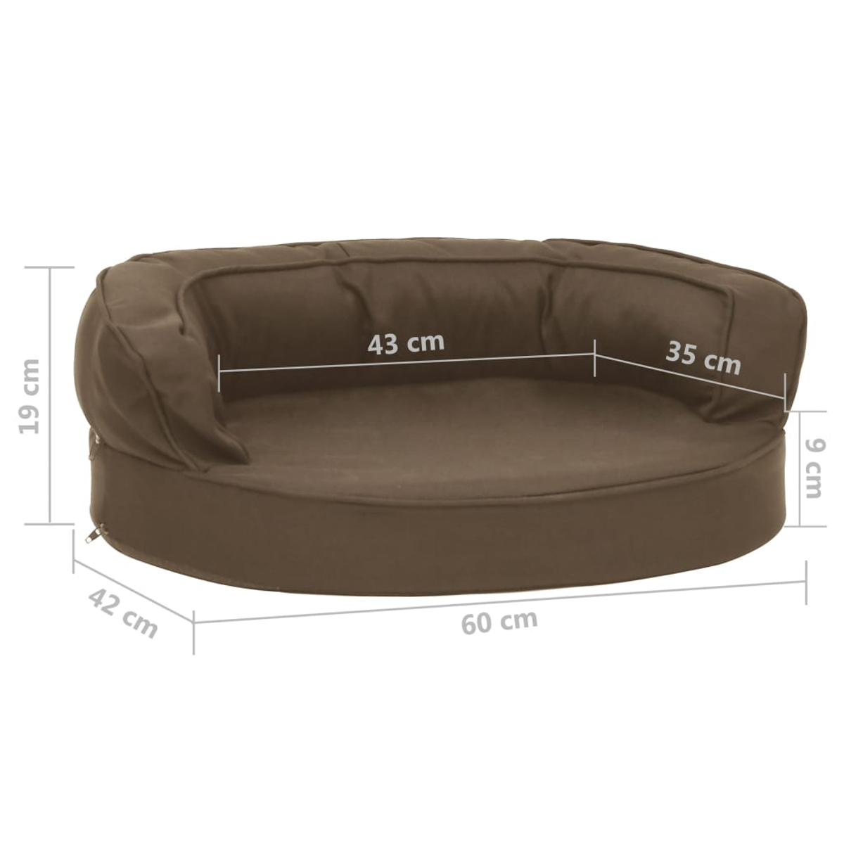 Ein braunes Hundebett mit den Maßen: 60 cm lang, 42 cm breit, 19 cm hoch hinten, 9 cm dick. Auf weißem Hintergrund.