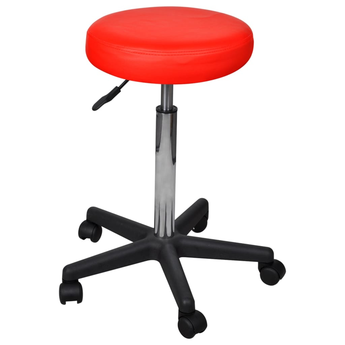 Ein roter, runder Hocker mit einer verchromten Mittelsäule und einem schwarzen, fünfbeinigen Untergestell mit Rollen.