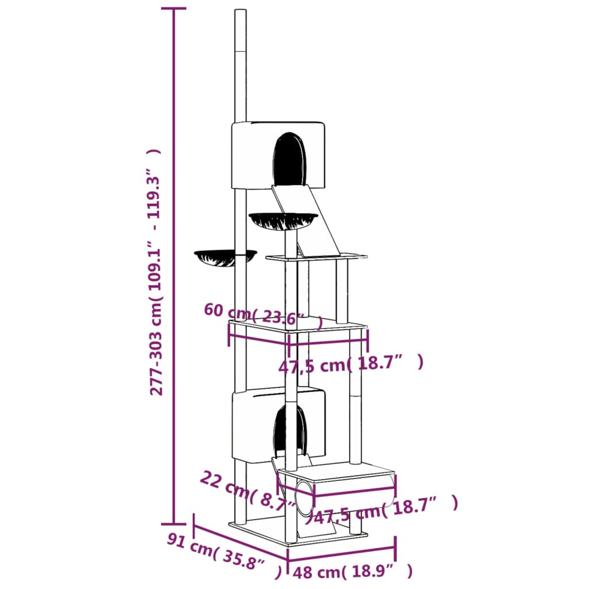 Ein mehrstöckiger Katzenbaum mit beschrifteten Abmessungen. Er verfügt über Plattformen, ein Haus, eine Rampe und Kratzbäume. Verschiedene Maße sind angegeben.