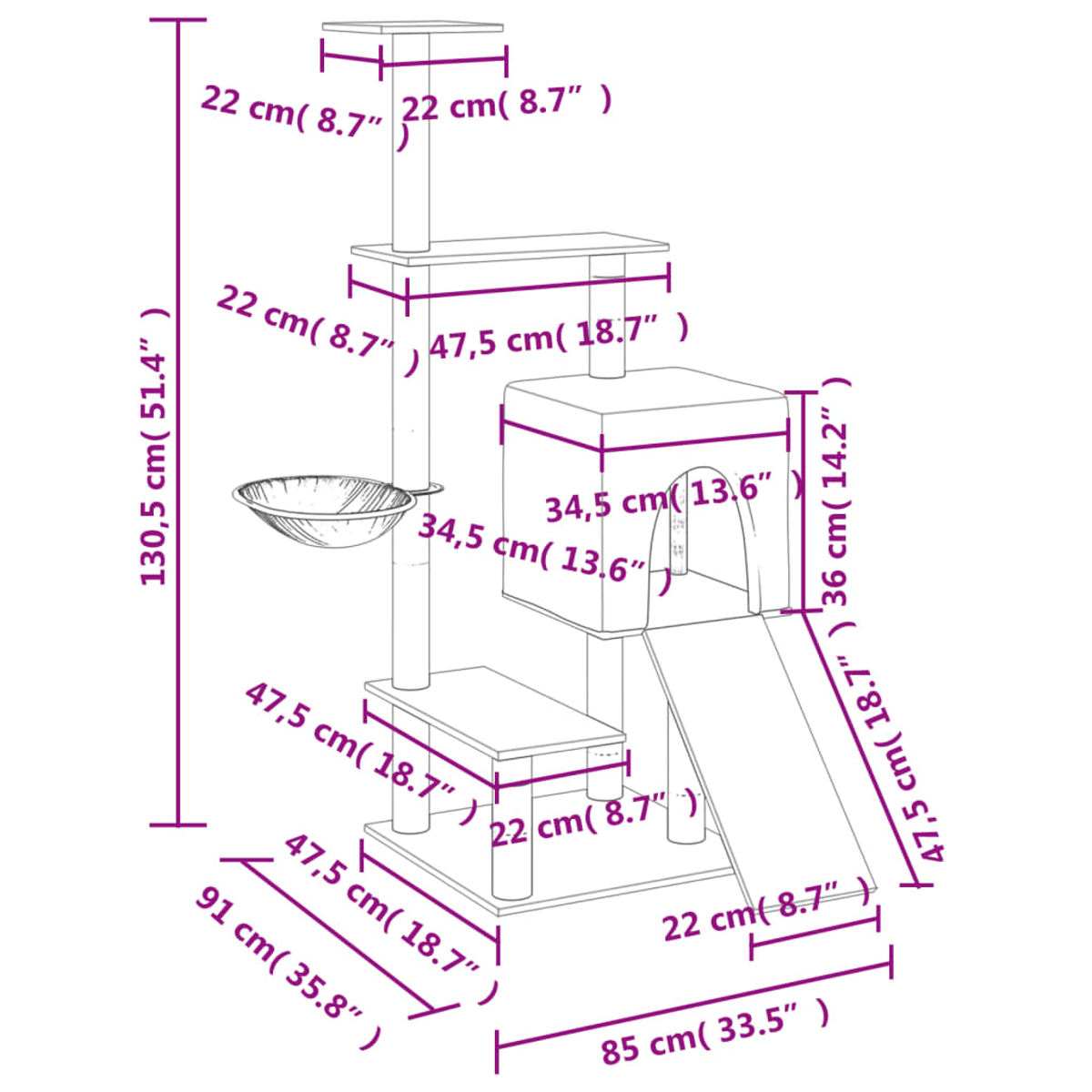 Ein Katzenbaum mit mehreren Plattformen, einem Katzenhaus, einer Rampe und einer Schüssel. Abmessungen sind in cm und Zoll angegeben.