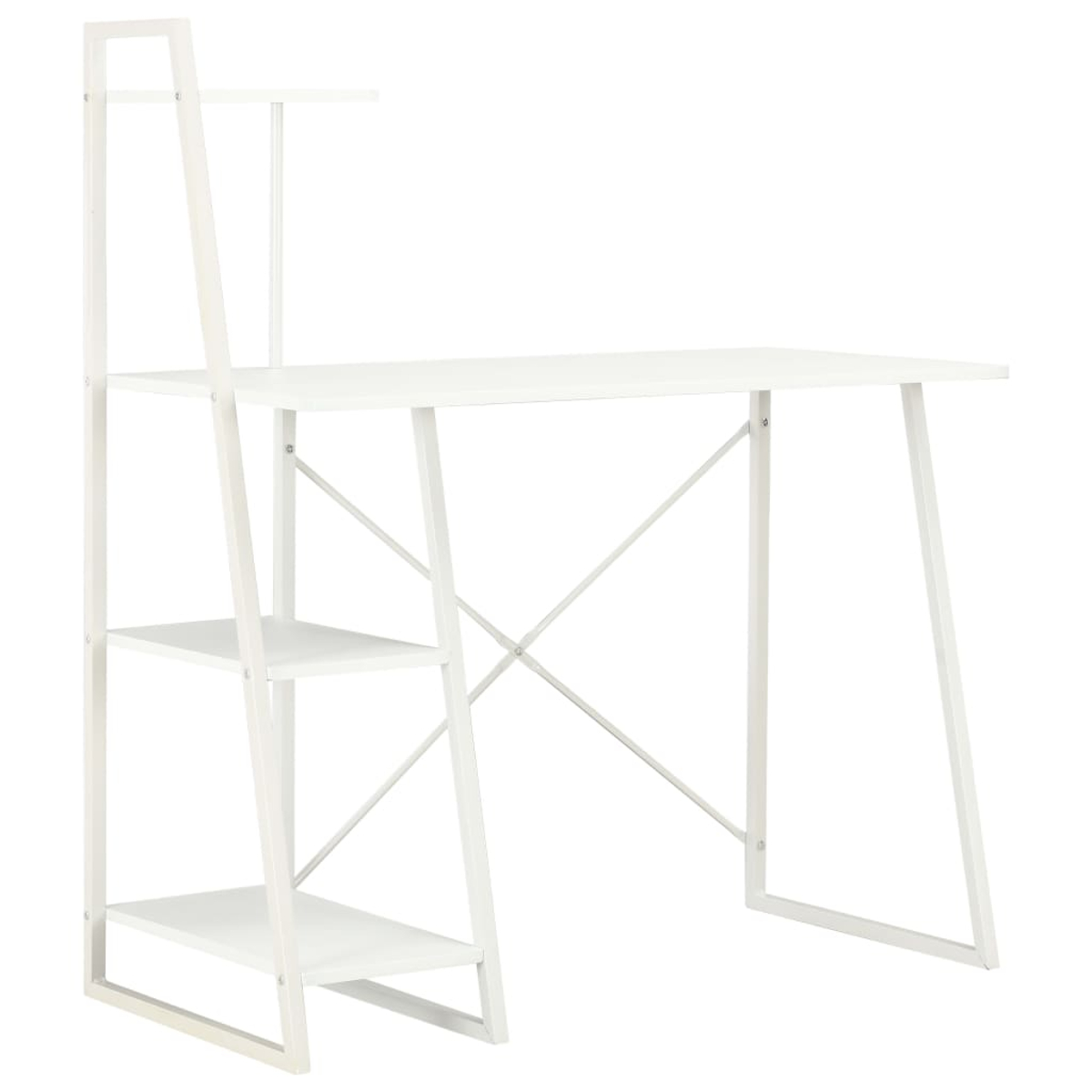 Ein weißer Schreibtisch mit einem angebrachten Regalsystem. Der Schreibtisch hat eine rechteckige Platte und ein Metallgestell.