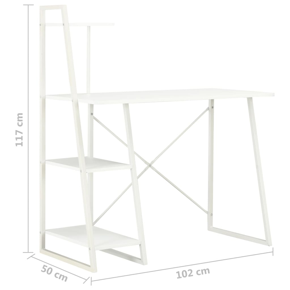 Ein weißer Schreibtisch mit Regalen. Er hat eine rechteckige Tischplatte, eine leiterartige Regalstruktur und Metallbeine. Abmessungen sind angegeben.