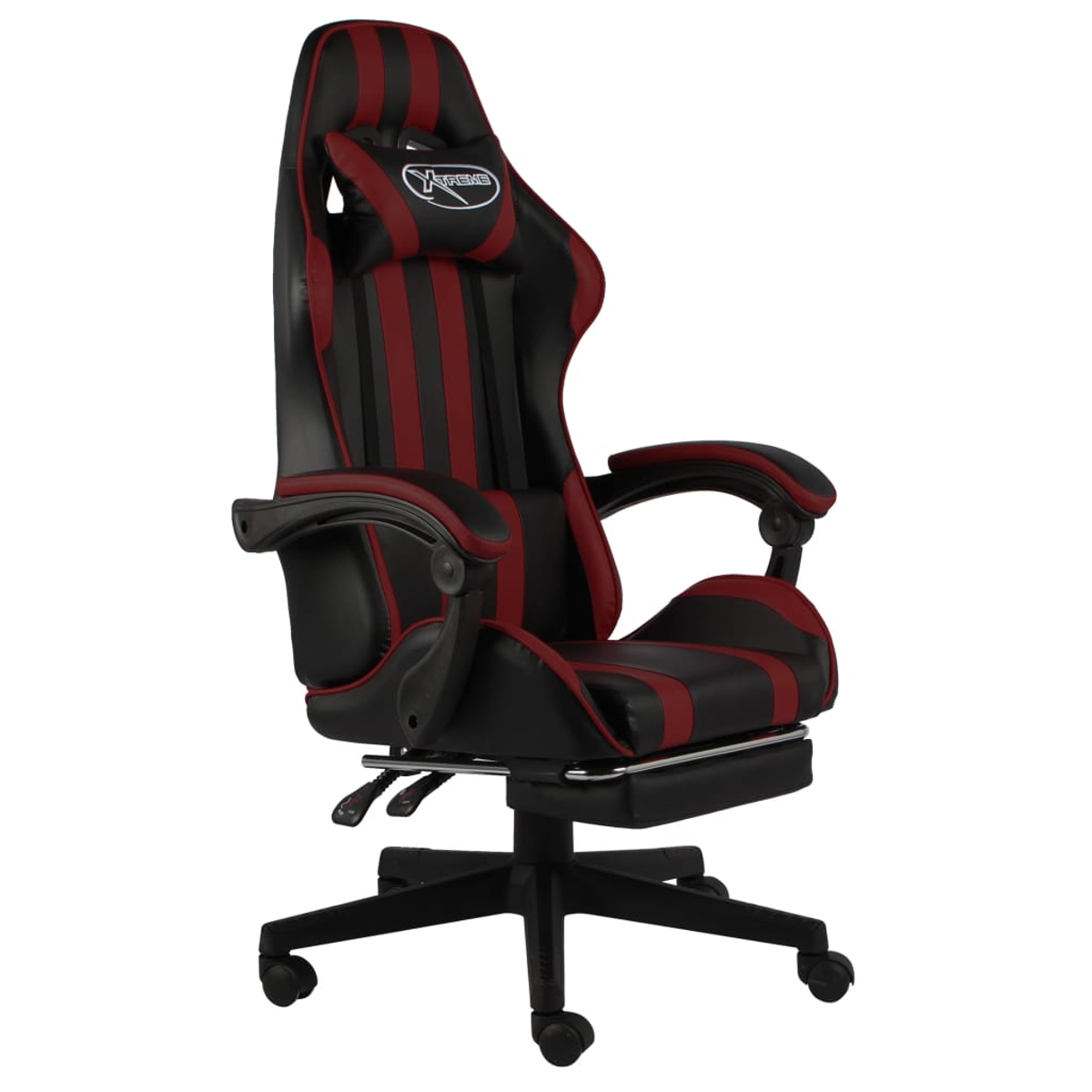 Ein schwarzer und roter Gaming-Stuhl. Der Stuhl hat eine hohe Rückenlehne mit Kopfstütze und Armlehnen. Er steht auf einem schwarzen Sockel mit Rollen.