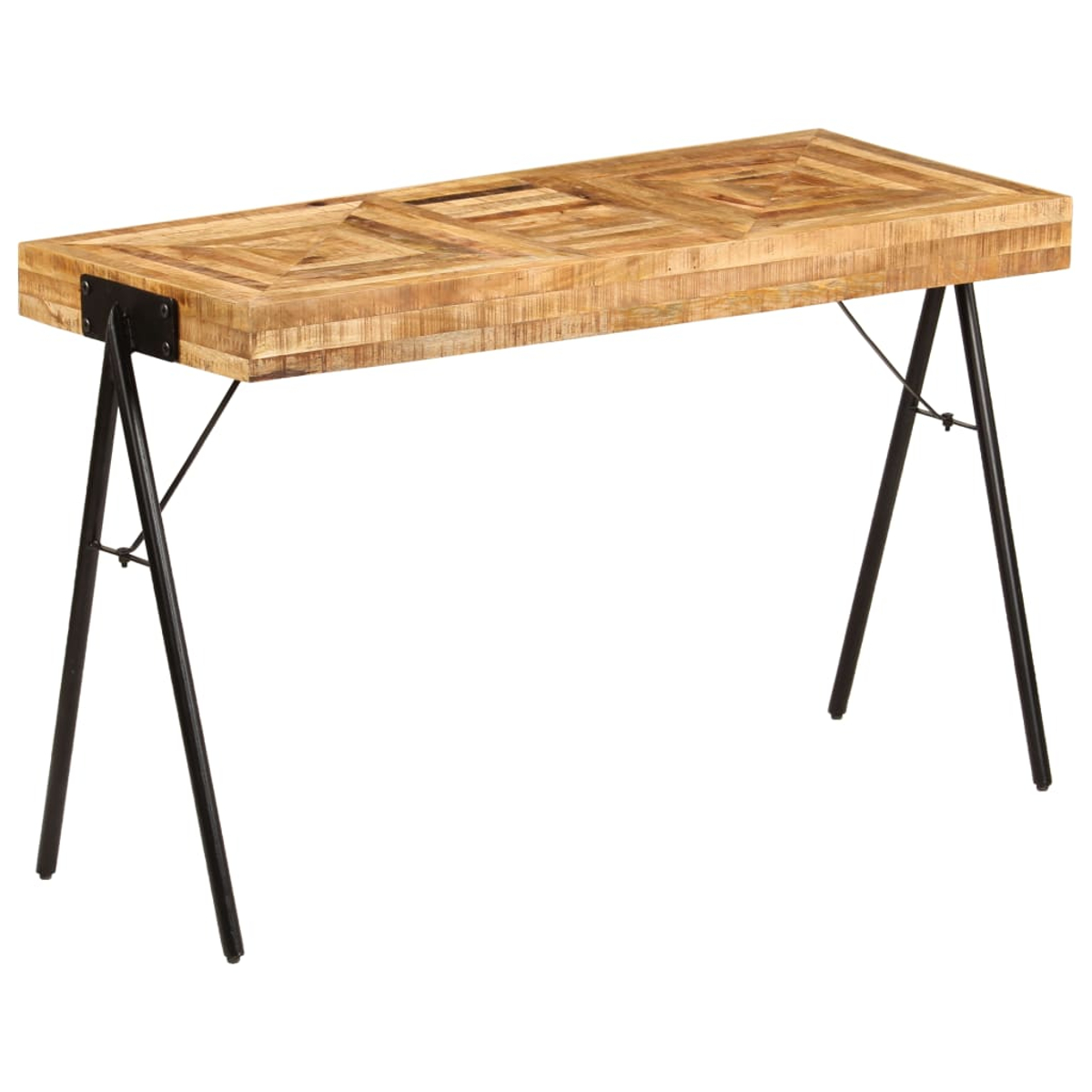 Ein Holztisch mit schwarzen Metallbeinen. Der Tisch hat eine hellbraune Oberfläche mit Mosaikmuster. Die Beine sind abgewinkelt.