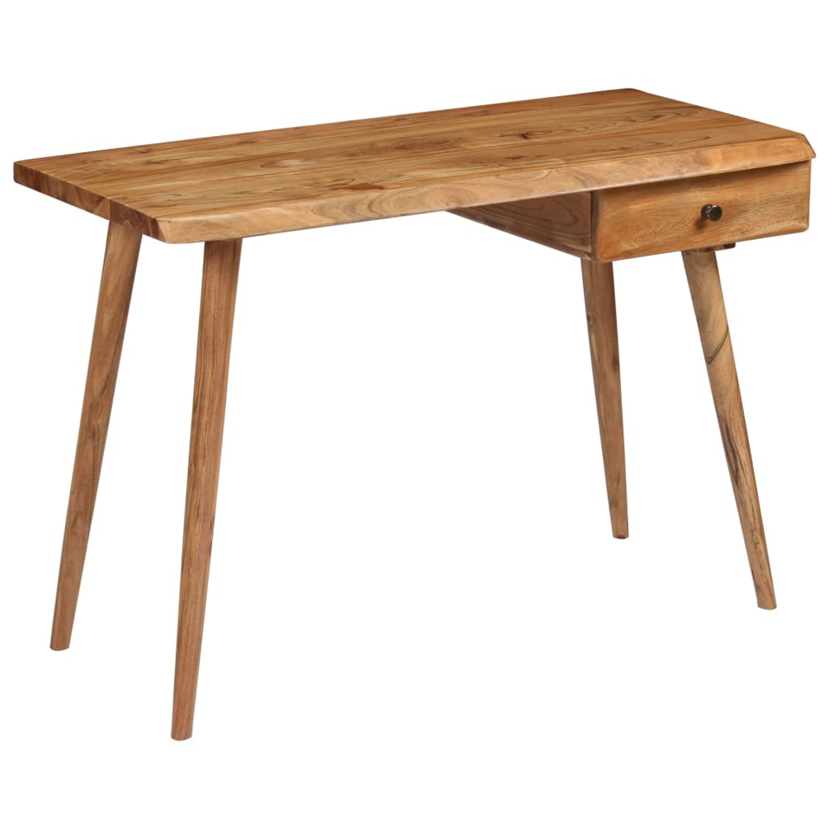 Holzschreibtisch mit Schublade. Er hat eine rechteckige Platte und vier abgewinkelte Beine. Der Hintergrund ist weiß.