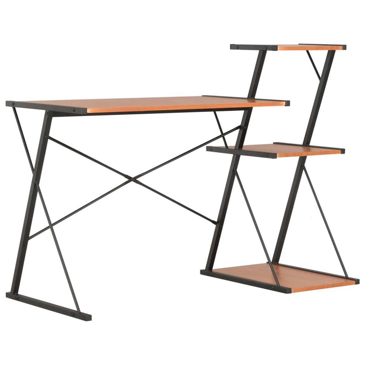 Ein Computertisch mit Holzplatte und Regalen. Das Gestell ist aus schwarzem Metall. Der Schreibtisch hat ein schlichtes Design.