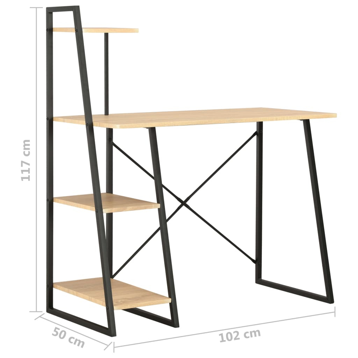 Ein Holzschreibtisch mit drei Regalen links und einem langen Tisch rechts. Der Rahmen ist schwarz.