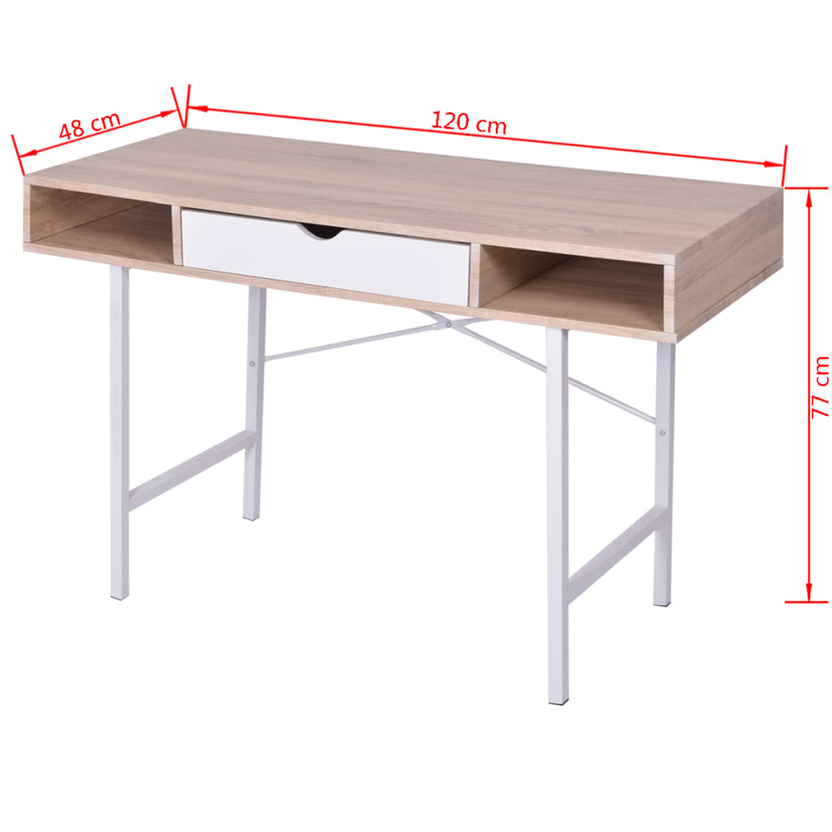Ein hellbrauner Schreibtisch mit weißen Beinen. Er hat eine Schublade und offene Fächer. Abmessungen sind beschriftet: 120 cm, 48 cm und 77 cm.
