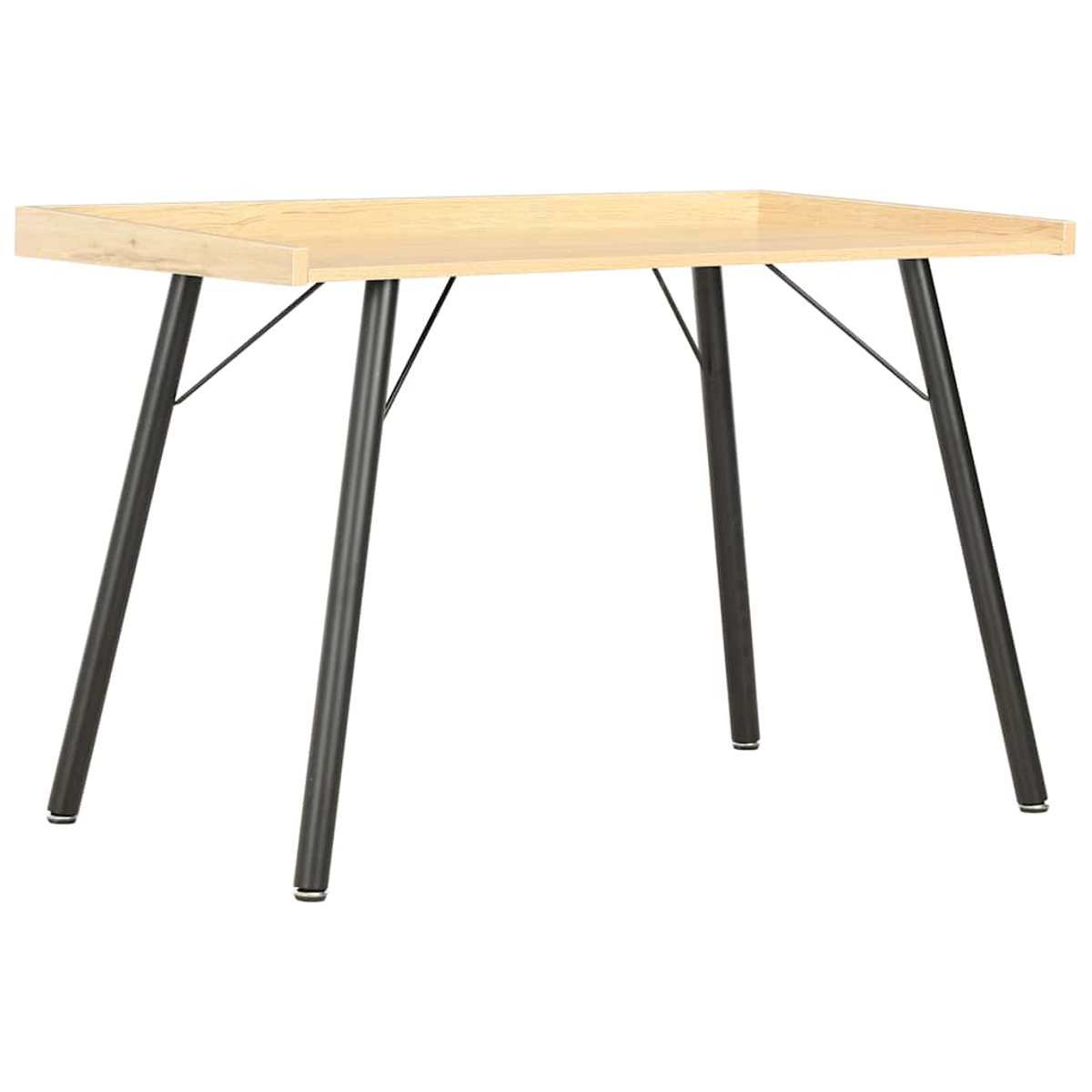 Ein heller Holzschreibtisch mit schwarzen Metallbeinen. Die Tischplatte ist rechteckig, die Beine sind abgewinkelt.