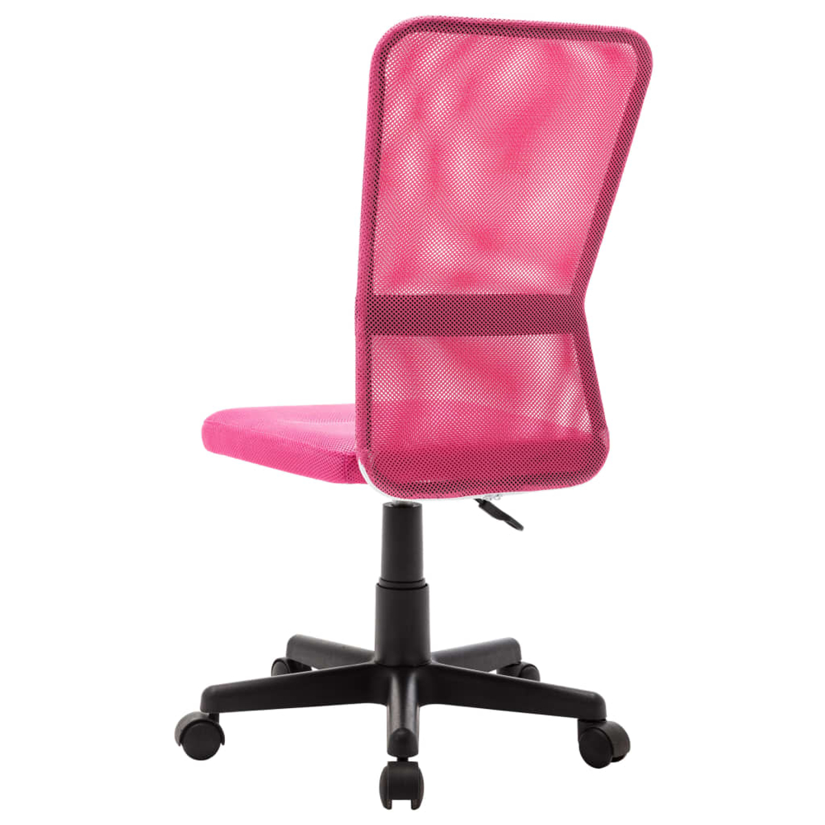 Pinker Bürostuhl aus Netzstoff auf weißem Hintergrund. Er hat ein schwarzes Untergestell mit Rollen und einen Hebel. Sitz und Rücken sind pink.