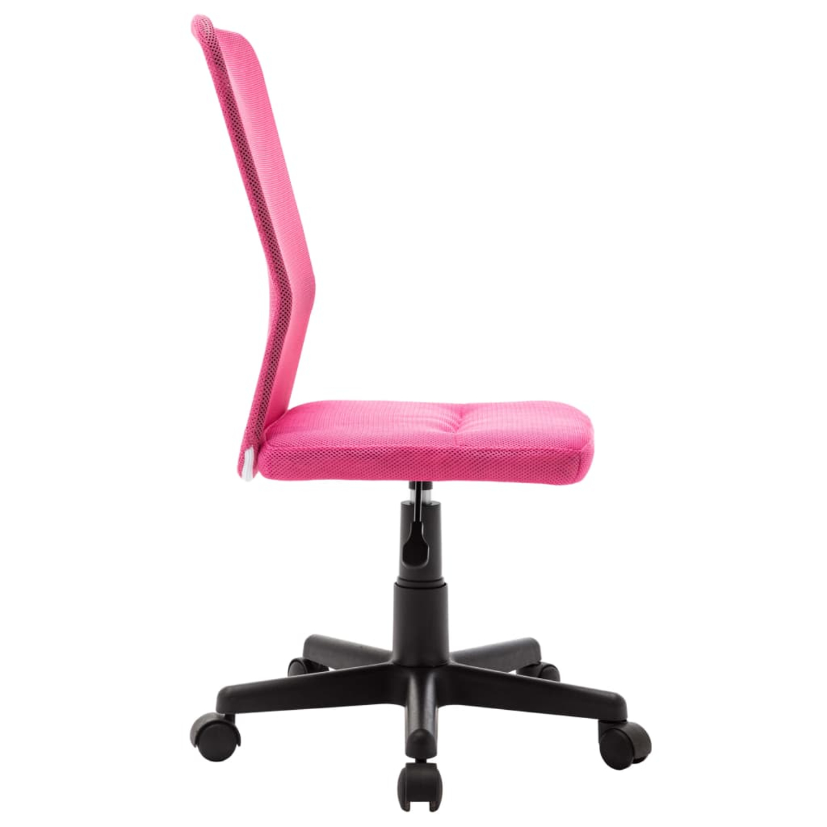 Seitenansicht eines pinkfarbenen Bürostuhls mit Netzrücken, gepolsterter Sitzfläche und schwarzem Gestell mit Rollen, vor weißem Hintergrund.