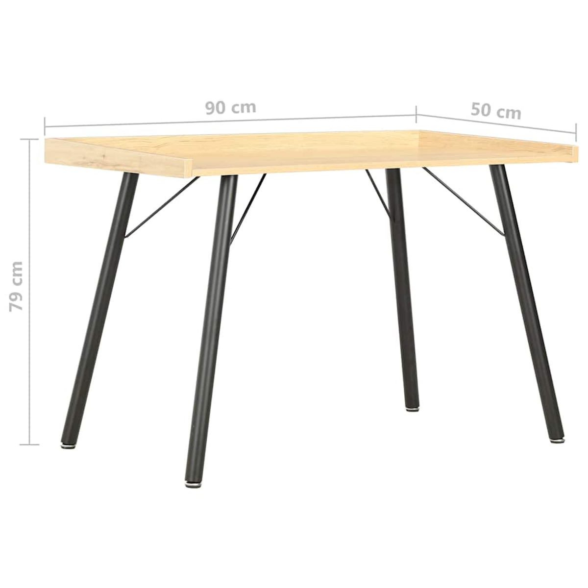 Ein helles rechteckiges Holztisch mit schwarzen Metallbeinen. Abmessungen: 90cm x 50cm x 79cm.