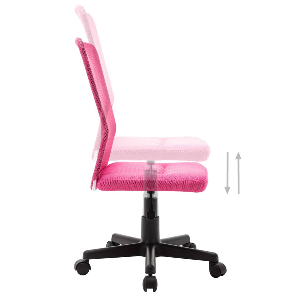 Ein rosa Bürostuhl, Seitenansicht, mit Pfeilen zur Höhenverstellung. Der Stuhl hat eine Netzrückenlehne, ein schwarzes Gestell und Rollen.