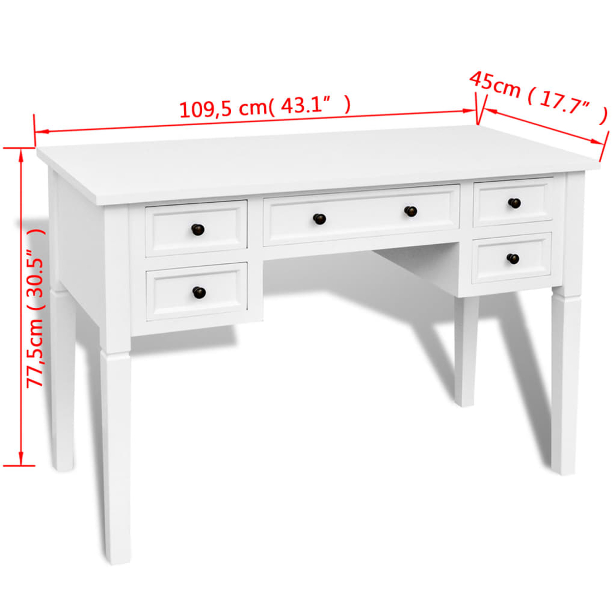 Ein weißer Holzschreibtisch mit sechs Schubladen und schwarzen Knöpfen. Abmessungen sind in cm und Zoll angegeben.
