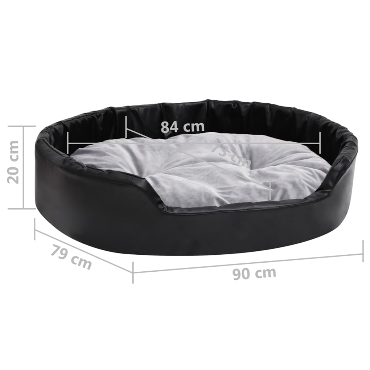 Ein schwarzes, ovales Hundebett mit Maßangaben. Es enthält ein graues Kissen. Maße: 90 cm lang, 79 cm breit, 20 cm hoch und 84 cm innen.