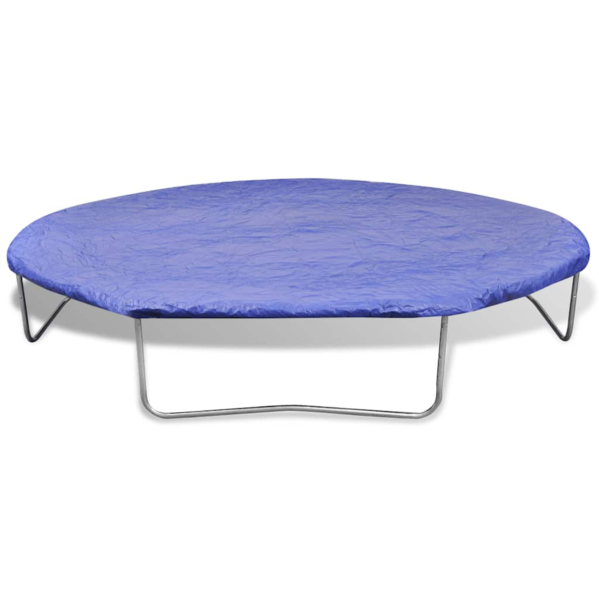 Un trampolino rotondo con una copertura blu. Il telaio è argentato e lo sfondo è bianco.