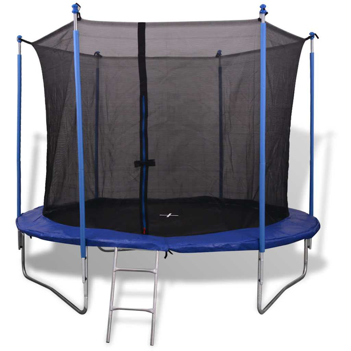 Ein blau-schwarzes Trampolin mit Sicherheitsnetz und Leiter. Der Rahmen ist silberfarben, die Matte schwarz. Das Netz ist schwarz.