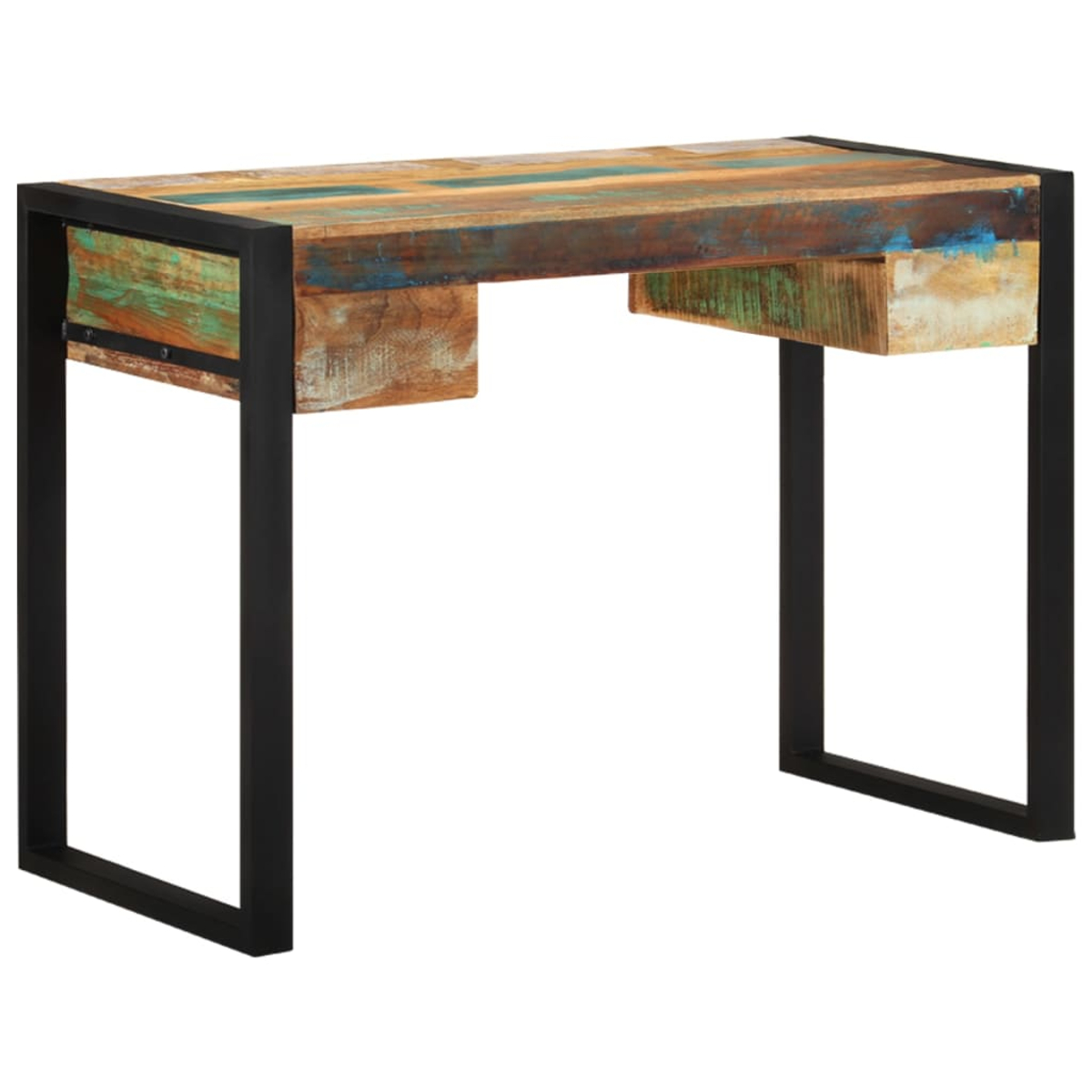 Ein Holzschreibtisch mit bunter Tischplatte aus Altholz und zwei Schubladen. Er hat ein schwarzes Metallgestell und -beine auf weißem Hintergrund.