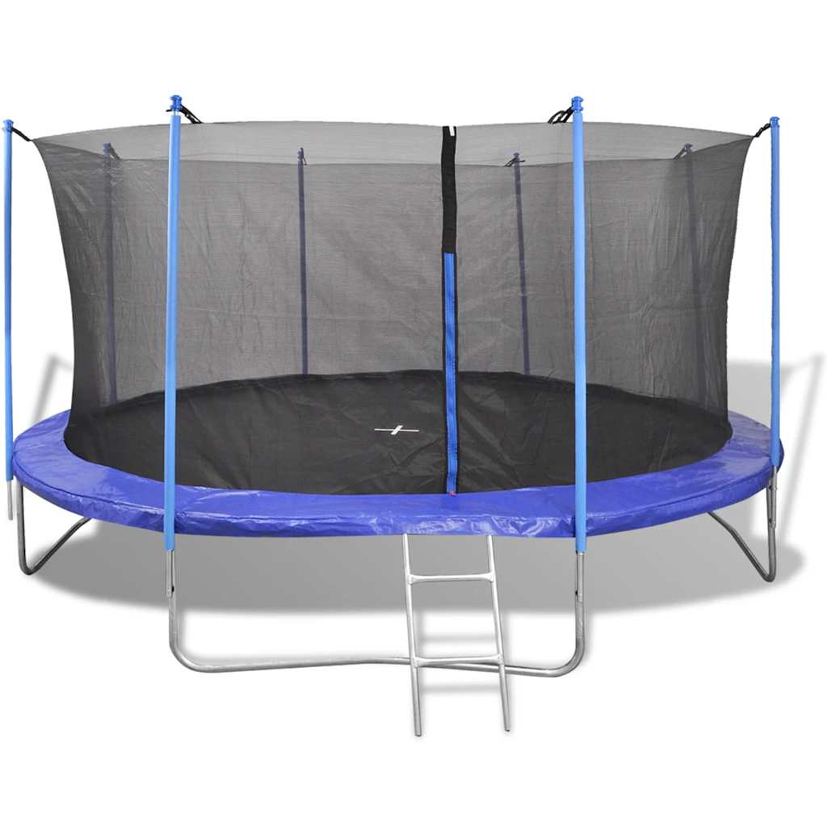 Ein blau-schwarzes Trampolin mit Sicherheitsnetz und kleiner Leiter auf weißem Hintergrund.