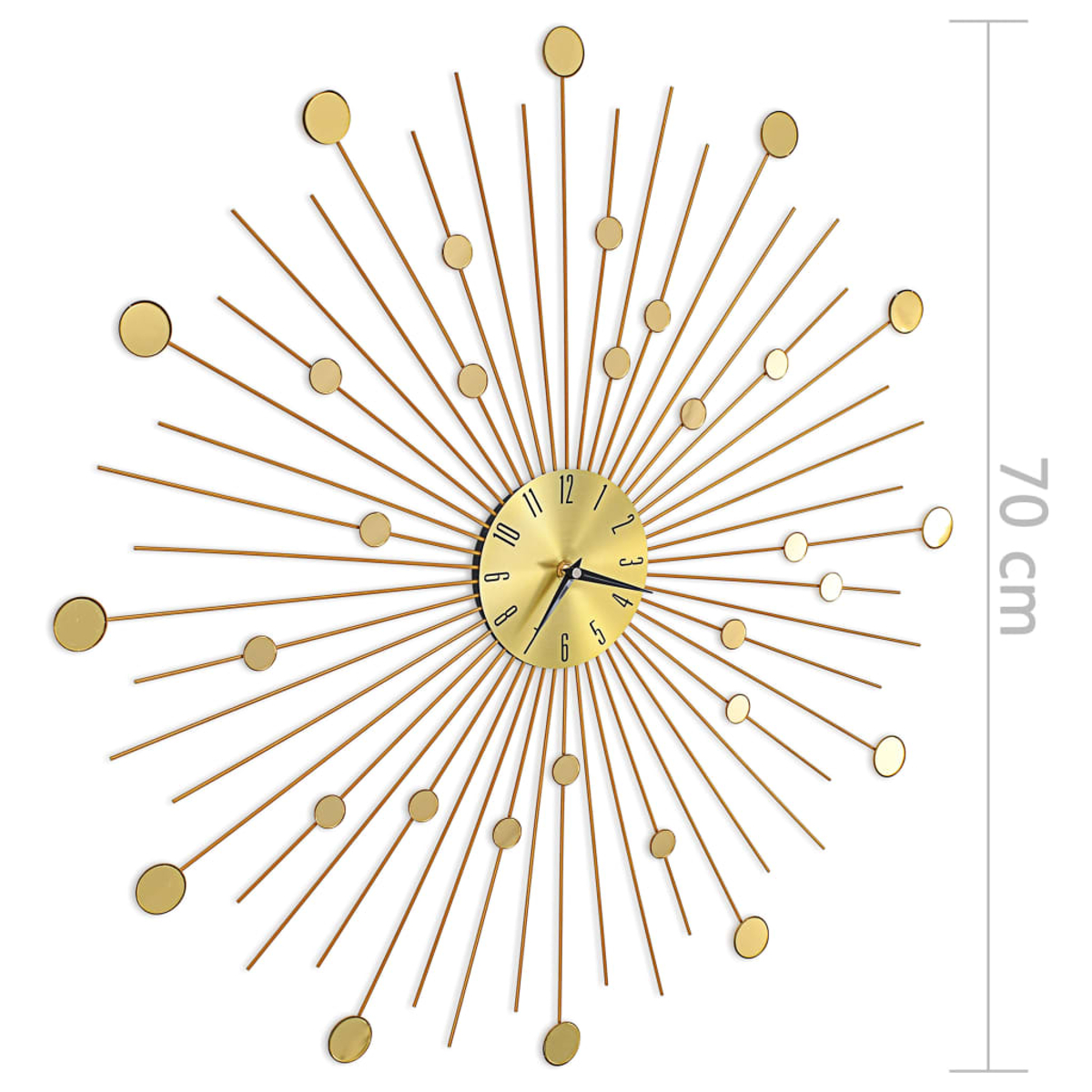 Eine goldene Sternausbruch-Wanduhr. Sie hat ein rundes Zifferblatt mit goldenen Zeigern und Zahlen. Die Uhr ist 70 cm lang.