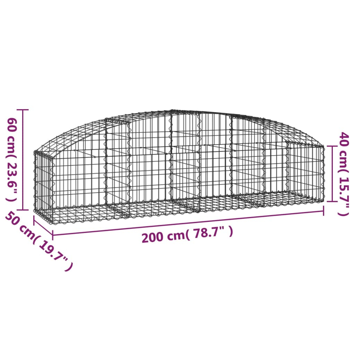 Ein Drahtkäfig mit angegebenen Abmessungen. Der Käfig ist 200 cm lang, 60 cm hoch und 40 cm breit. Er befindet sich auf weißem Hintergrund.
